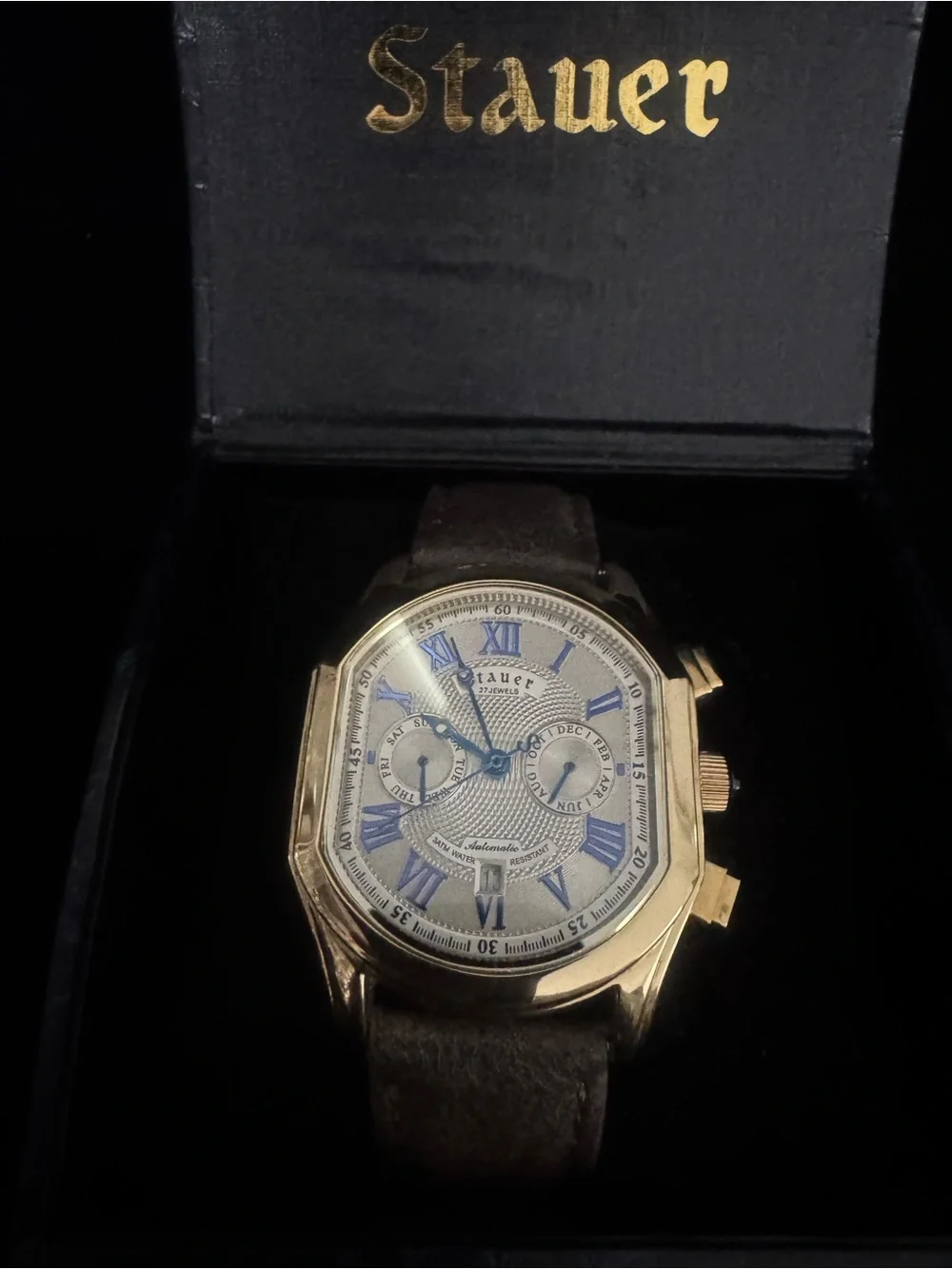 #134 stauer Men's Gold-Tone Automatic Watch with Blue Accents